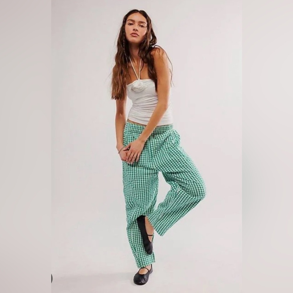 Free People Preppy Gingham Pants Green Combo Cotton